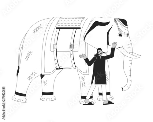 Canvas Print Decorated Indian elephant with mahout line art characters