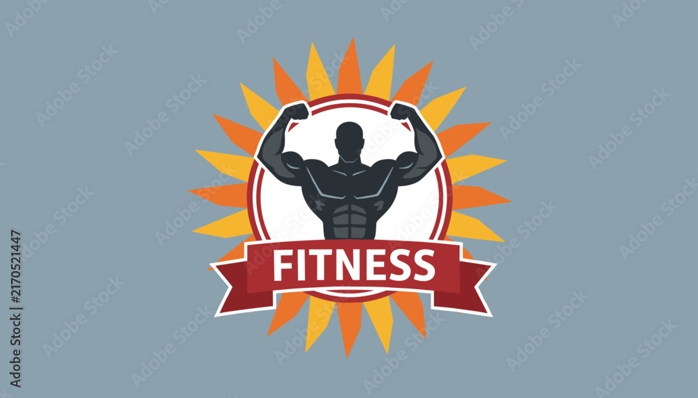 Naklejka premium Fitness emblem featuring a muscular bodybuilder silhouette with flexed arms inside a glowing orange sunburst border.