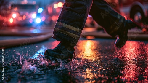 Firefighter walks through water, illuminated by emergency lights at night