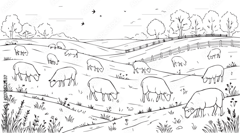 Fototapeta premium Sketch of a peaceful rural landscape with grazing sheep and rolling hills.