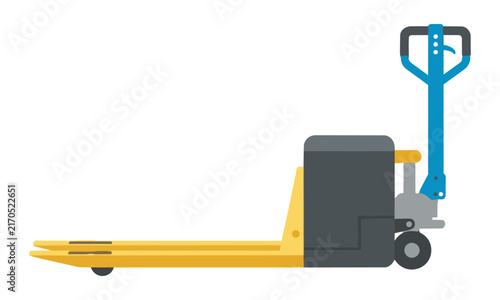 Modern industrial electric pallet jack with vibrant yellow forks and dark gray handle, side profile view, isolated on white. Warehouse equipment concept