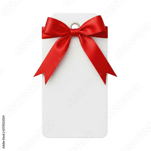 Blank white paper gift tag with a beautiful red ribbon bow for holiday presents isolated on transparent background