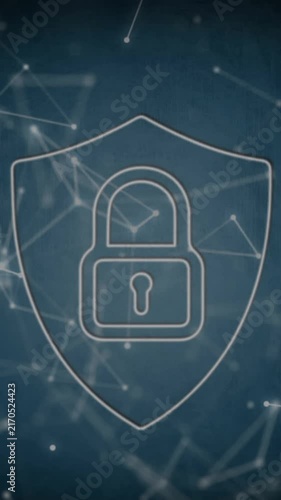 Animation of digital shield with padlock and connections in navy digital space