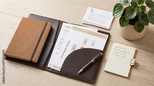 Neat workspace with leather portfolio, yellow notepad, pen, and green plant under natural light.