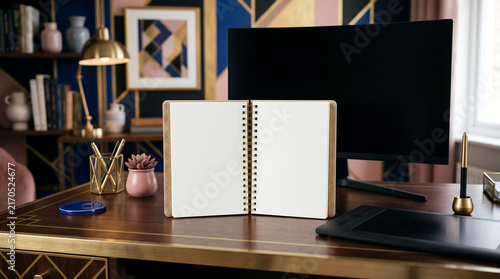 A creative workspace with monitor, notebook, pen, and drawing tablet; artistic home office photo.