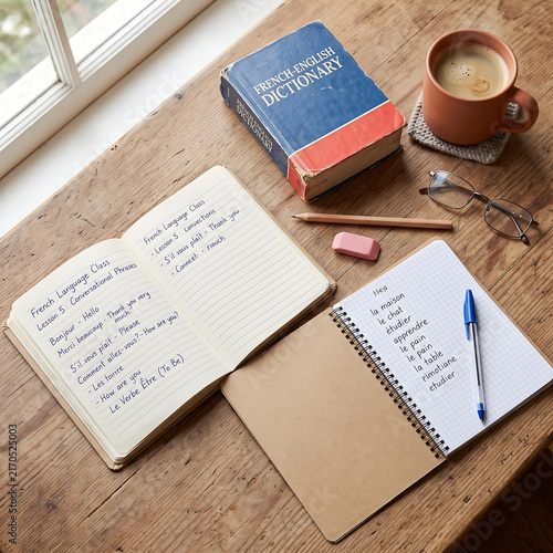 A cozy study scene with notebooks, French-English dictionary, coffee, and glasses; language learning photo.