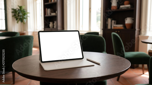 A digital tablet with stylus on a round wooden table in a cozy room with green chairs, bookshelves, and soft daylight.