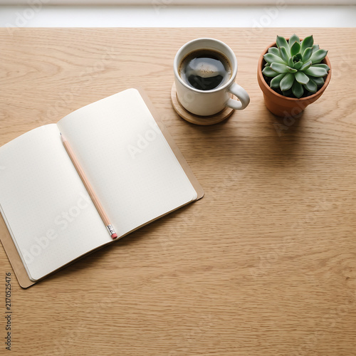 A clean wooden desk with an open notebook, pencil, coffee cup, and succulent plant; calm morning workspace photo
