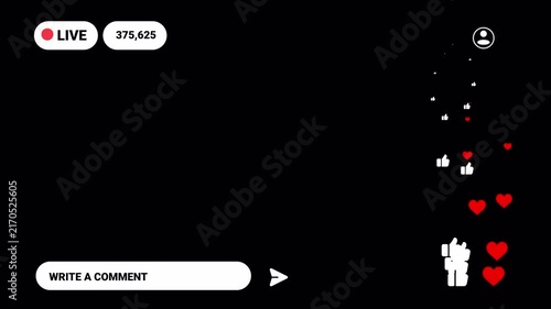 4K Social Media Live Stream UI Overlay, Chat Comments, Like Fountain and Viewers Badge ,Live Streaming overlay animation for social media, social media live streaming tempelates with flying hearts.