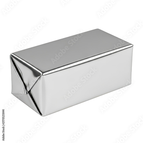 A block of fresh butter wrapped in shiny silver foil paper isolated on transparent background