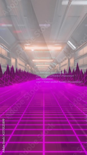 Animation of data processing and digital mountains over tunnel