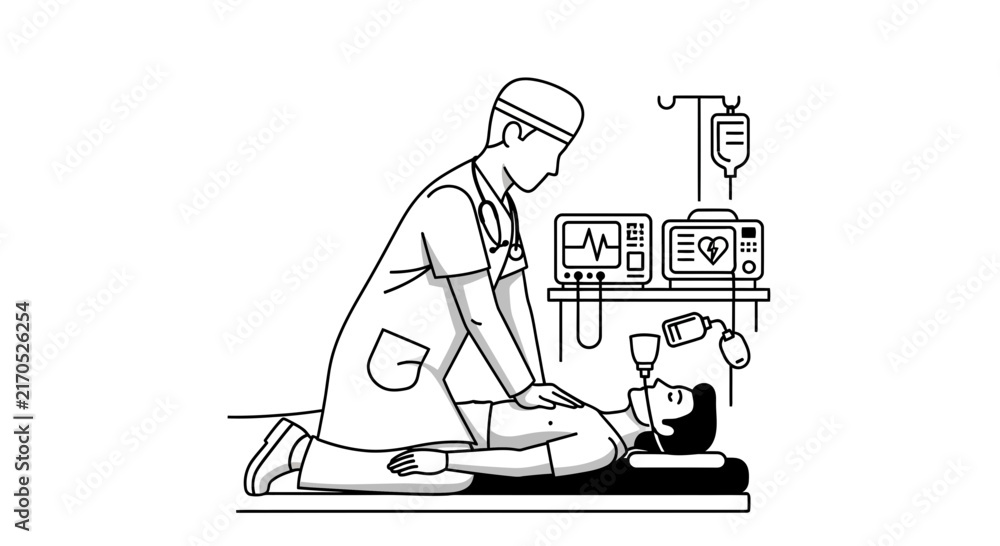 Fototapeta premium Doctor performing CPR on patient with medical equipment in hospital room