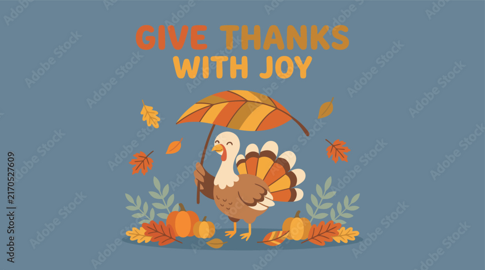 Fototapeta premium Cheerful Thanksgiving greetings illustration: a turkey with umbrella, autumn leaves, and pumpkins.