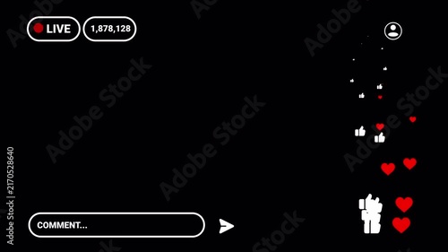 4K Social Media Live Stream UI Overlay, Chat Comments, Like Fountain and Viewers Badge ,Live Streaming overlay animation for social media, social media live streaming tempelates with flying hearts.
