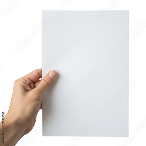 A person holding a blank piece of paper in their hand isolated on transparent background
