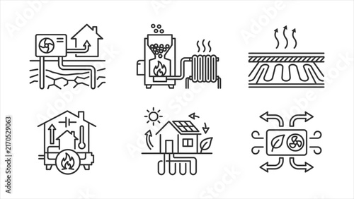 Geothermal energy and sustainable home climate control outline icons vector.