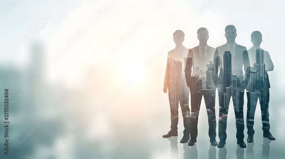 Fototapeta premium Four business professionals with cityscape double exposure, symbolizing corporate teamwork, urban growth, and the future of modern enterprise success
