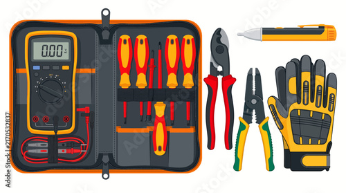 Set of electrical tools including multimeter screwdrivers pliers and protective gloves for professional work.