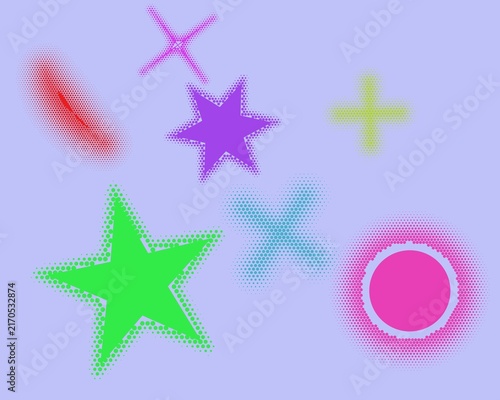 Obraz na plátne Pastel Purple Halftone Geometric Shapes Set With Green Star And Pink Ring Elemen