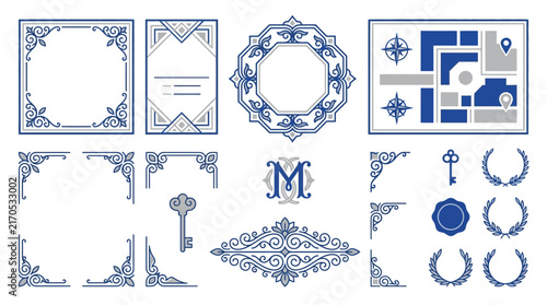 Decorative Ornate Design Elements, Frames, Keys, Monogram, Laurel Wreaths
