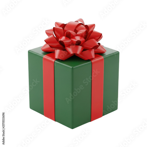 Green gift box with a red ribbon bow for christmas and holiday celebrations isolated on transparent background