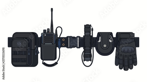 Tactical police utility belt with radio flashlight handcuffs and gloves isolated on white.