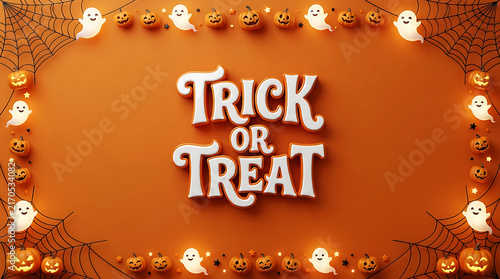 Festive halloween background featuring trick or treat text surrounded by cute ghosts and pumpkins on orange backdrop