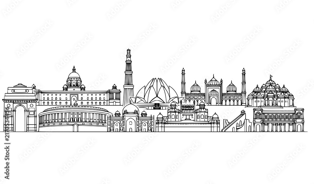Obraz premium Delhi New Delhi skyline landmarks, India famous buildings black line art vector il