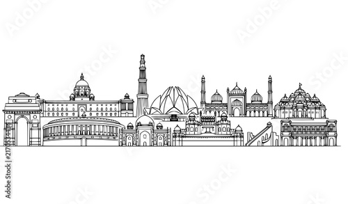 Canvas Print Delhi New Delhi skyline landmarks, India famous buildings black line art vector