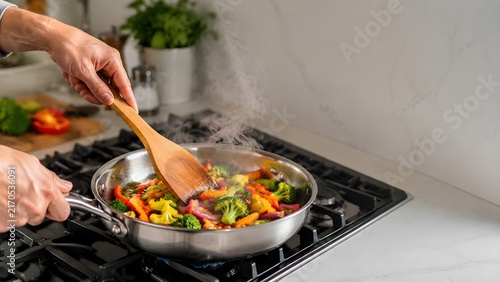 Adult Hands Stirring Fresh Vegetables in a Frying Pan, Healthy Home Cooking and Food Preparation Concept