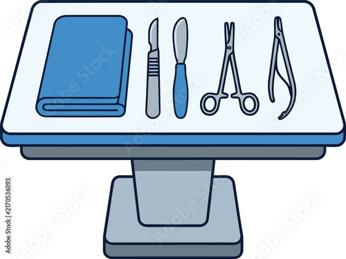Medical tool equipment setup for a surgical procedure, depicted in a clean flat vector style illustration for healthcare environments.