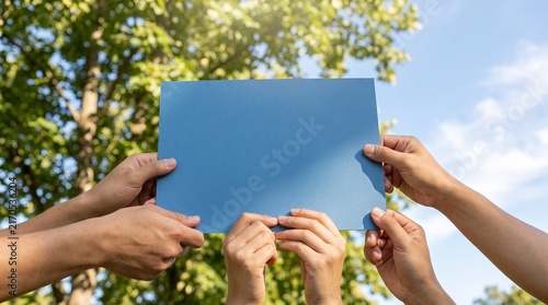 Photorealistic close-up of diverse Asian hands holding a blank blue environmental sign outdoors, with blue sky and green trees softly blurred behind, natural sunlight and Clean Air Day symbolism.