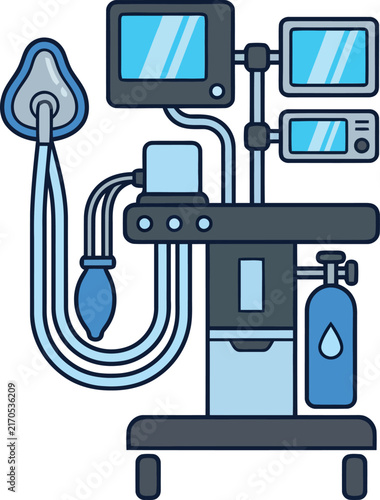 Compact operating room anesthesia setup: breathing mask, tubing, and oxygen cylinder in a clear medical illustration.