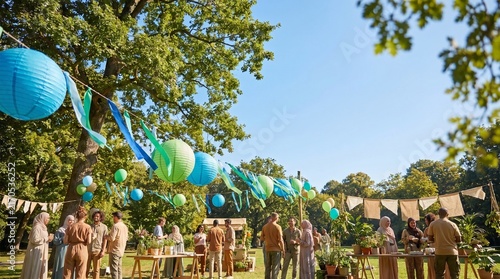 Photorealistic outdoor Clean Air Day celebration in a lush city park, decorated with blue and green ribbons, balloons and paper ornaments among trees, bright sunlight, festive sustainability event.
