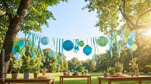 Photorealistic outdoor Clean Air Day celebration in a lush city park, decorated with blue and green ribbons, balloons and paper ornaments among trees, bright sunlight, festive sustainability event.