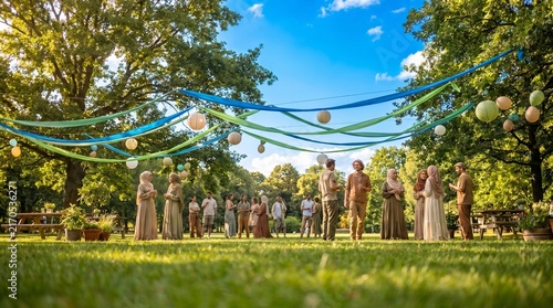 Photorealistic outdoor Clean Air Day celebration in a lush city park, decorated with blue and green ribbons, balloons and paper ornaments among trees, bright sunlight, festive sustainability event.
