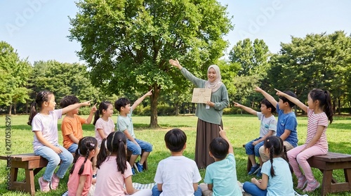 Photorealistic outdoor Clean Air Day activity with Asian children learning about clean air and trees from an educator in a lush park, blue sky, natural light, sustainability, awareness and community.