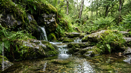 A clear forest stream flowing over moss-covered rocks and stones in a lush green woodland