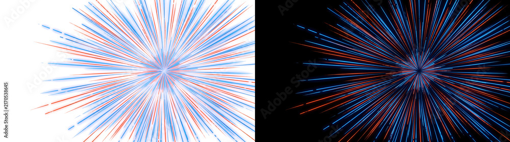 Obraz premium Starburst explosion of rays radiates outward with glowing blue and orange lines for technology design in PNG, Transparent and Black Background Versions