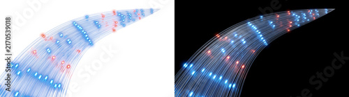 Obraz na płótnie Sweeping fiber strands curve upward tapering with glowing blue and red data ligh