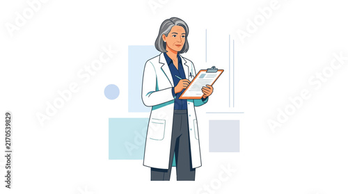 Female Doctor in Lab Coat Holding Clipboard and Pen, Medical Professional at Work, Modern Flat Vector Illustration