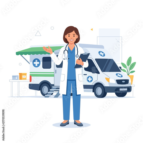 Female Doctor with Stethoscope and Ambulance, Mobile Healthcare Concept