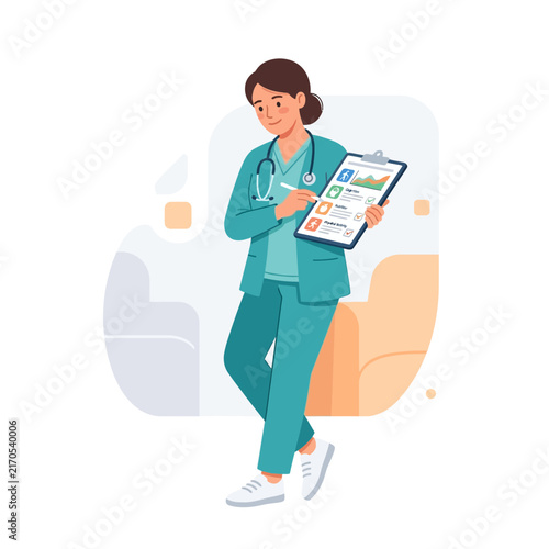 Female Doctor/Nurse Holding Clipboard with Health Data and Stethoscope - Medical Presentation and Consultation