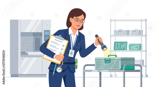 Female Inspector with Clipboard and Flashlight Examines Medical Equipment in Sterile Storage Room