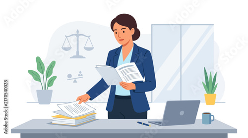 Female lawyer in office with legal scales, documents, and laptop, symbolizing justice and law