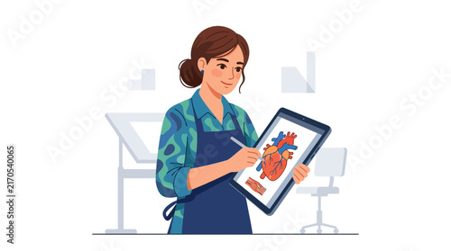 Female Medical Illustrator Works on Digital Tablet Displaying Anatomical Heart Illustration