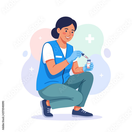 Female medical professional administering a drop from a pipette into a vial, symbolizing healthcare, research, and innovation