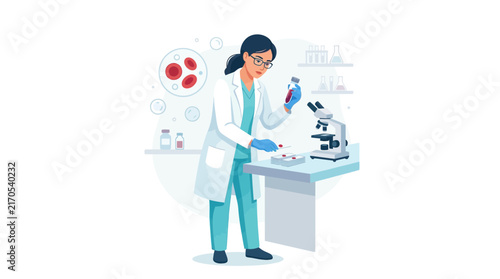 Female Scientist Analyzing Blood Samples in Laboratory with Microscope and Test Tubes
