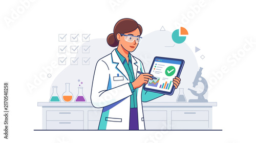 Female Scientist Analyzing Data on Tablet in Laboratory Setting