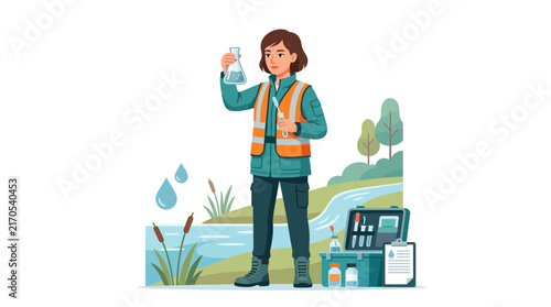 Environmental Scientist Conducts Water Quality Testing by Riverbank with Field Kit and Flask